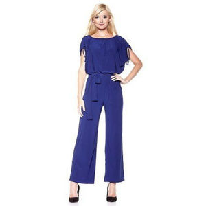 Blue Gathered Shoulder Short Sleeve Jumpsuit